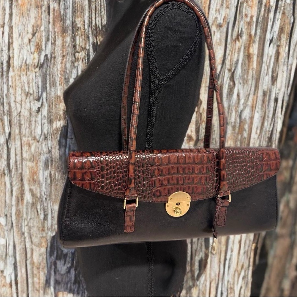 Vintage Brahmin Tuscany Collection Croc Embossed Leather Satchel Black Brown GUC - Picture 4 of 16